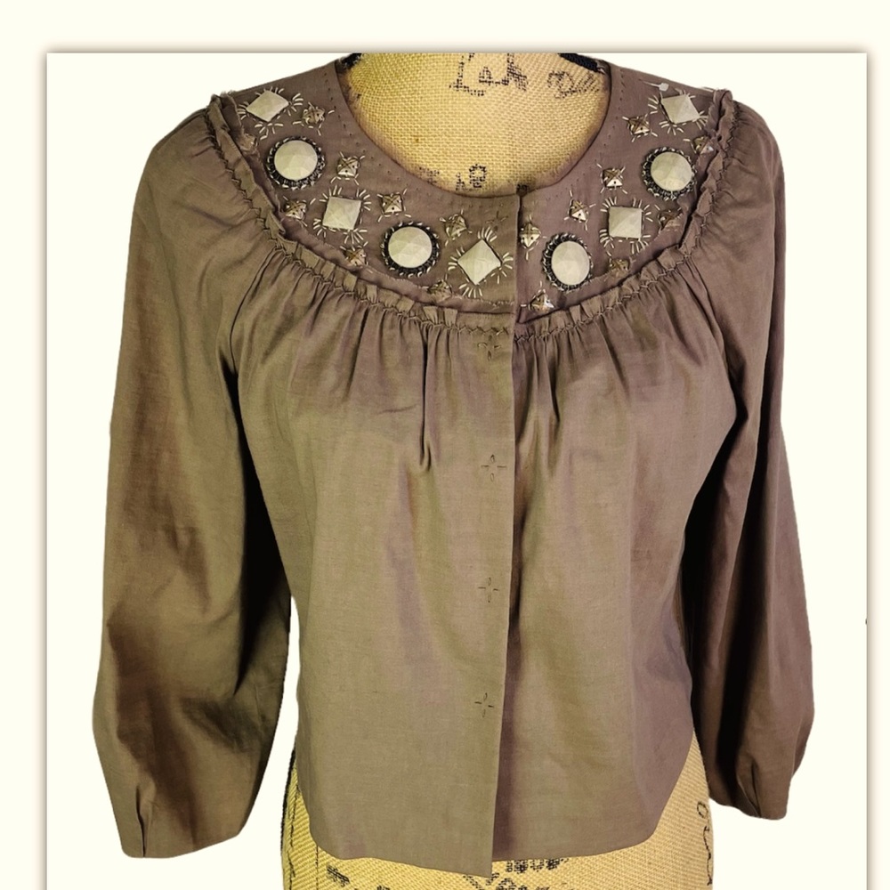ELIE TAHARI Jacket Woman Brown Color Linen Blend Embellished  Size S Pleated